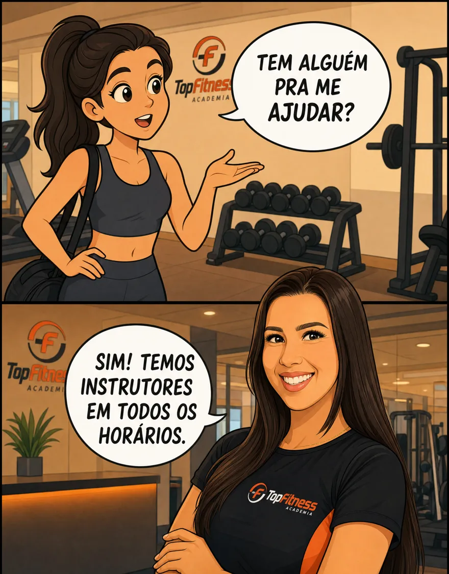 Tem alguém pra me ajudar? Sim! Temos instrutores em todos os horários para orientar nos exercícios.