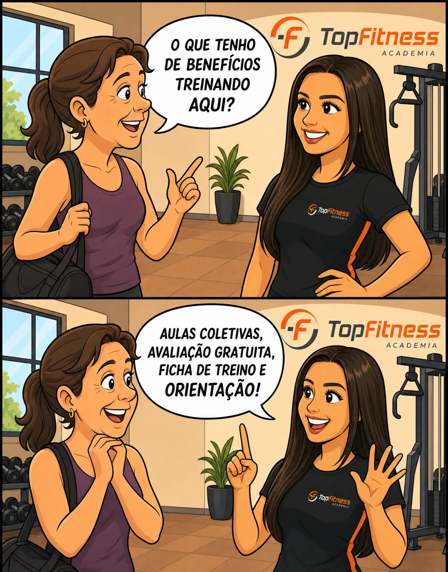 O que tenho de benefícios treinando aqui? Aulas coletivas (Funcional e Jump), primeira avaliação física gratuita, ficha de treino e orientação dos instrutores.