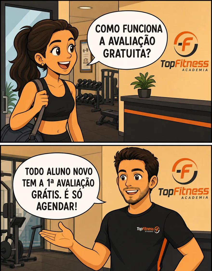 Como funciona a avaliação física gratuita? Todo aluno novo tem a primeira avaliação grátis — é só agendar.