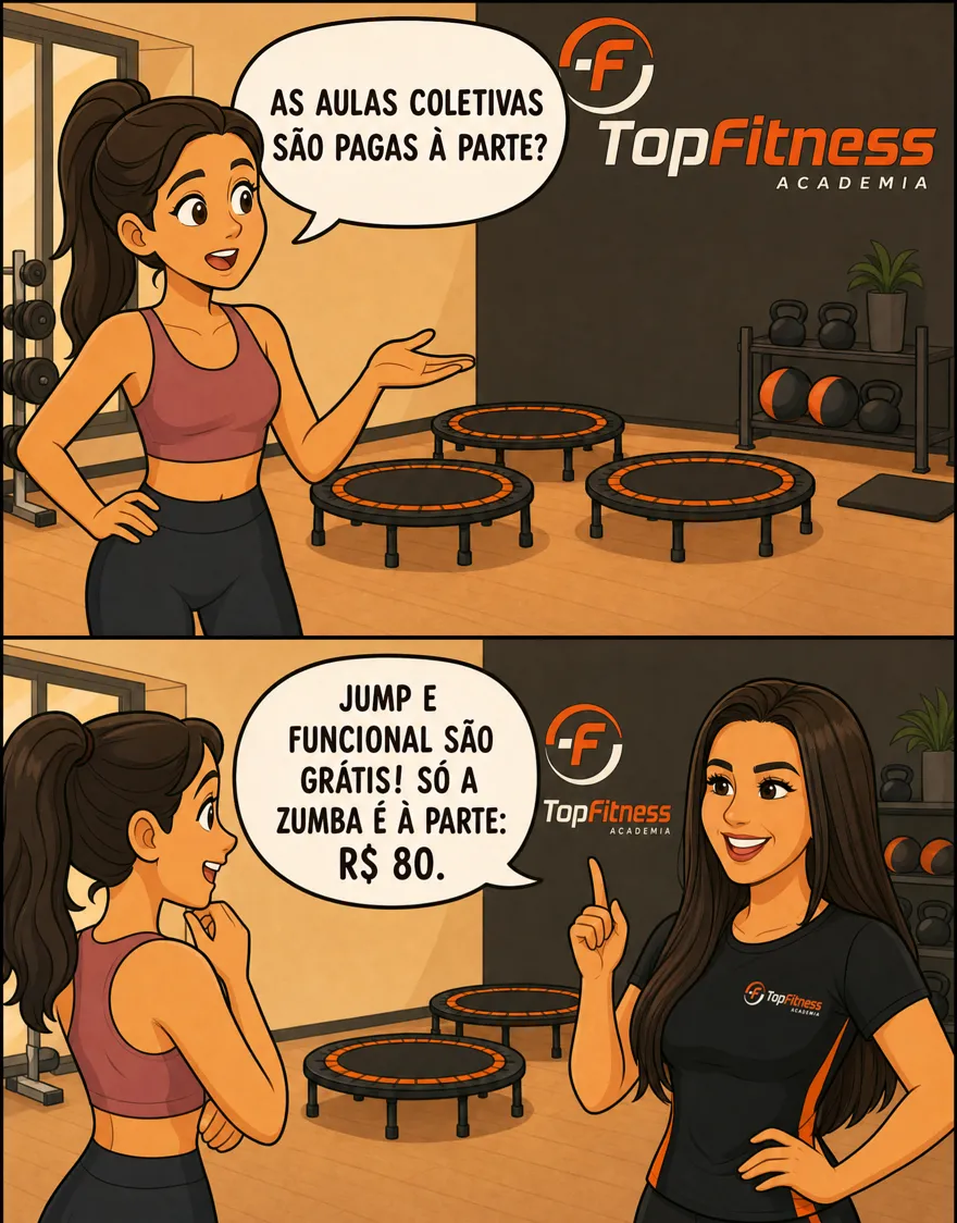 As aulas coletivas são pagas à parte? Jump e Funcional são grátis; só a Zumba é à parte, por R$ 80.